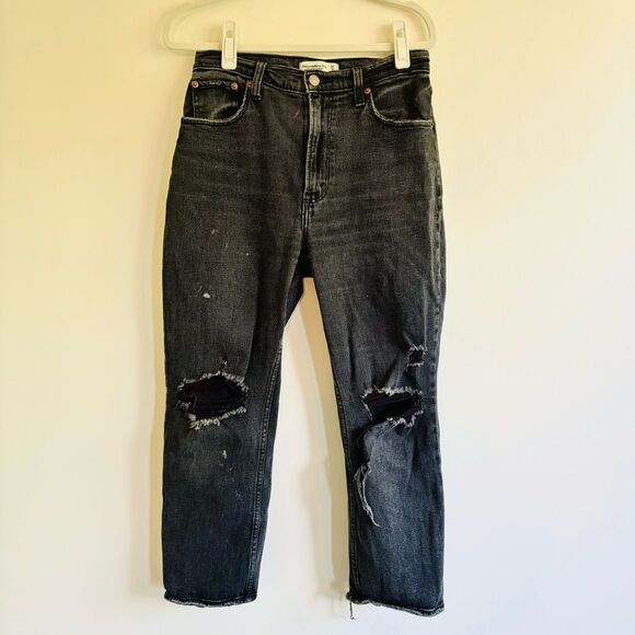 Abercrombie & Fitch Ankle Straight Ultra High Rise – Black Distressed, Sz 27 - Picture 2 of 4